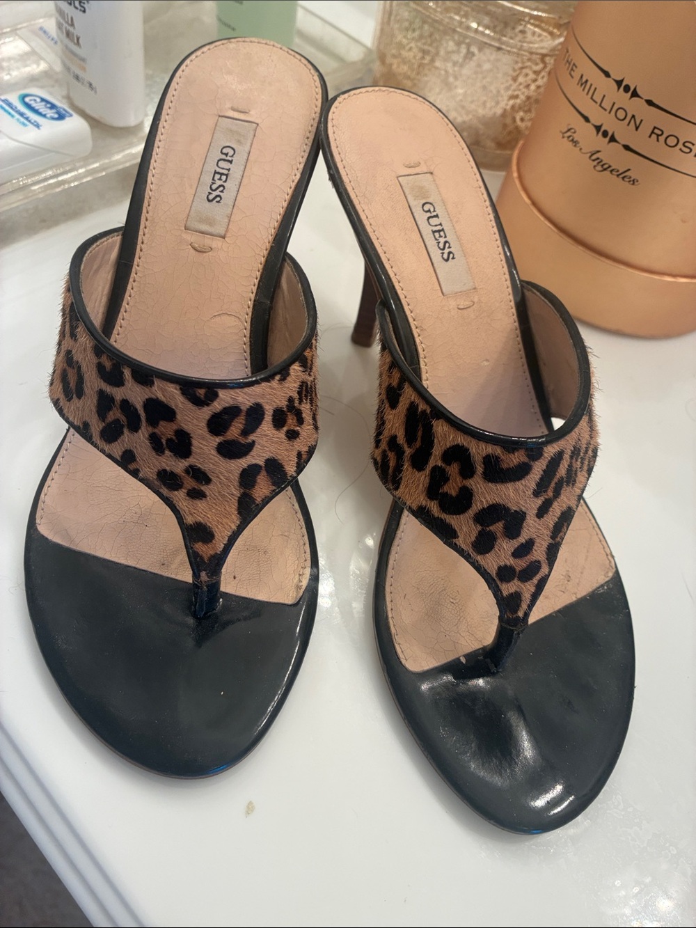 GUESS Leopard Haircalf Thong Mule Heels - Tan and Black 6